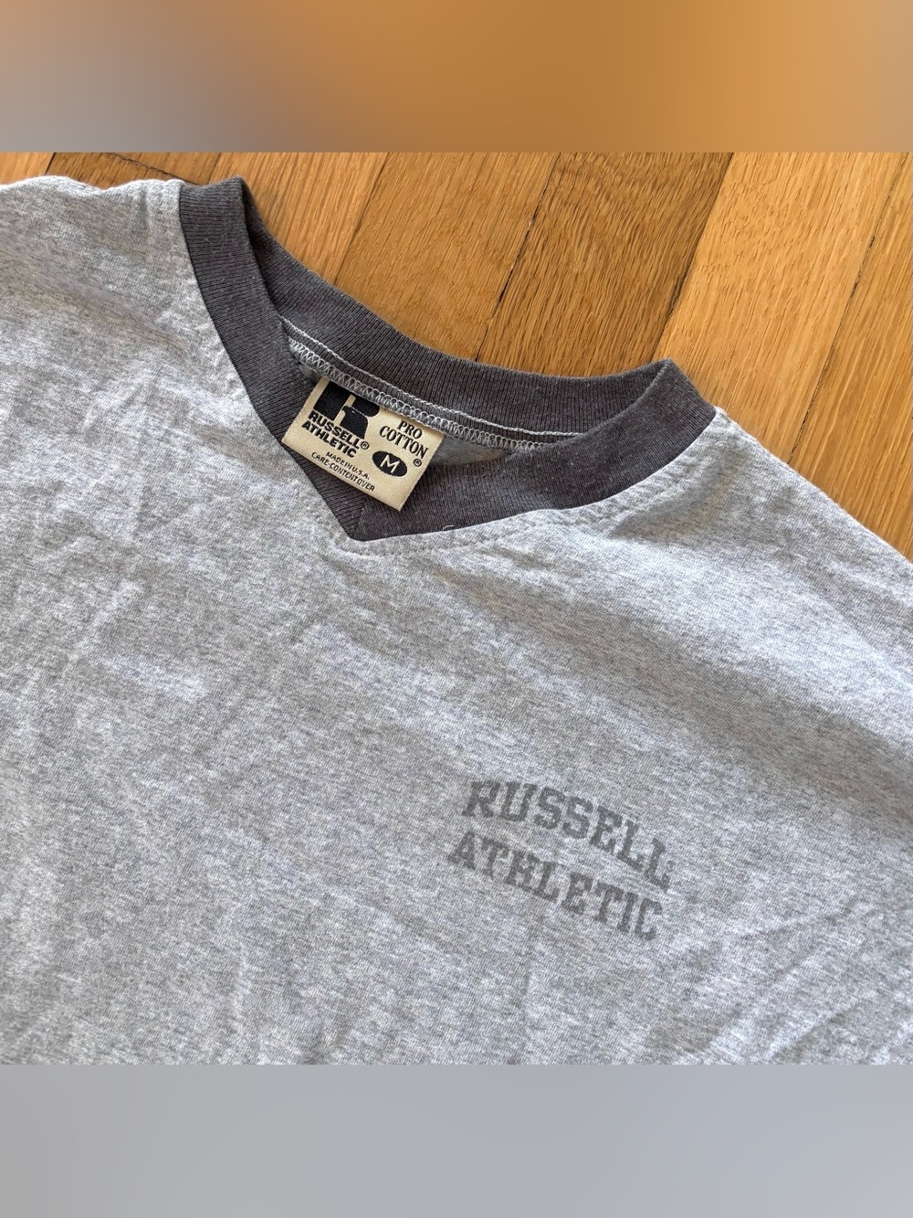 Vintage 90s Russell Athletic Pro Cotton Shirt V-Neck Ringer Made In USA M - Picture 5 of 9